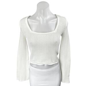 Hollister White Square Neck Open Knit Crochet Long Sleeve Crop Sweater Top Sz S
